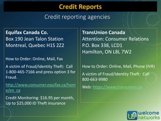 Credit reporting agencies
Equifax Canada Co.
Box 190 Jean Talon Station
Montreal, Quebec H1S 2Z2
How to Order: Online, Mail, Fax
A victim of Fraud/Identity Theft: Call
1-800-465-7166 and press option 3 for
Fraud.
http://www.consumer.equifax.ca/hom
e/en_ca
Credit Monitoring: $16.95 per month,
Up to $25,000 ID Theft insurance
TransUnion Canada
Attention: Consumer Relations
P.O. Box 338, LCD1
Hamilton, ON L8L 7W2
How to Order: Online, Mail, Phone (IVR)
A victim of Fraud/Identity Theft: Call
800-663-9980
Web: https://www.transunion.ca
Credit Reports
 