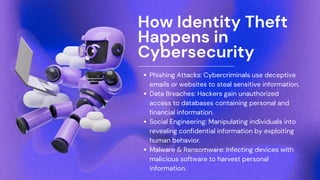 How Identity Theft
Happens in
Cybersecurity
Phishing Attacks: Cybercriminals use deceptive
emails or websites to steal sensitive information.
Data Breaches: Hackers gain unauthorized
access to databases containing personal and
financial information.
Social Engineering: Manipulating individuals into
revealing confidential information by exploiting
human behavior.
Malware & Ransomware: Infecting devices with
malicious software to harvest personal
information.
 