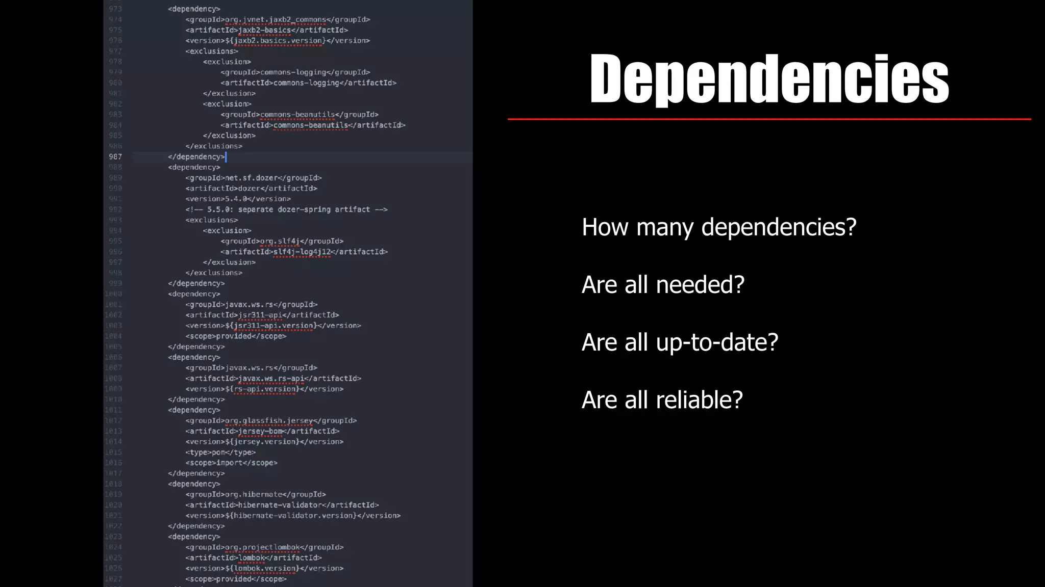 How many dependencies?
Are all needed?
Are all up-to-date?
Are all reliable?
Dependencies
 
