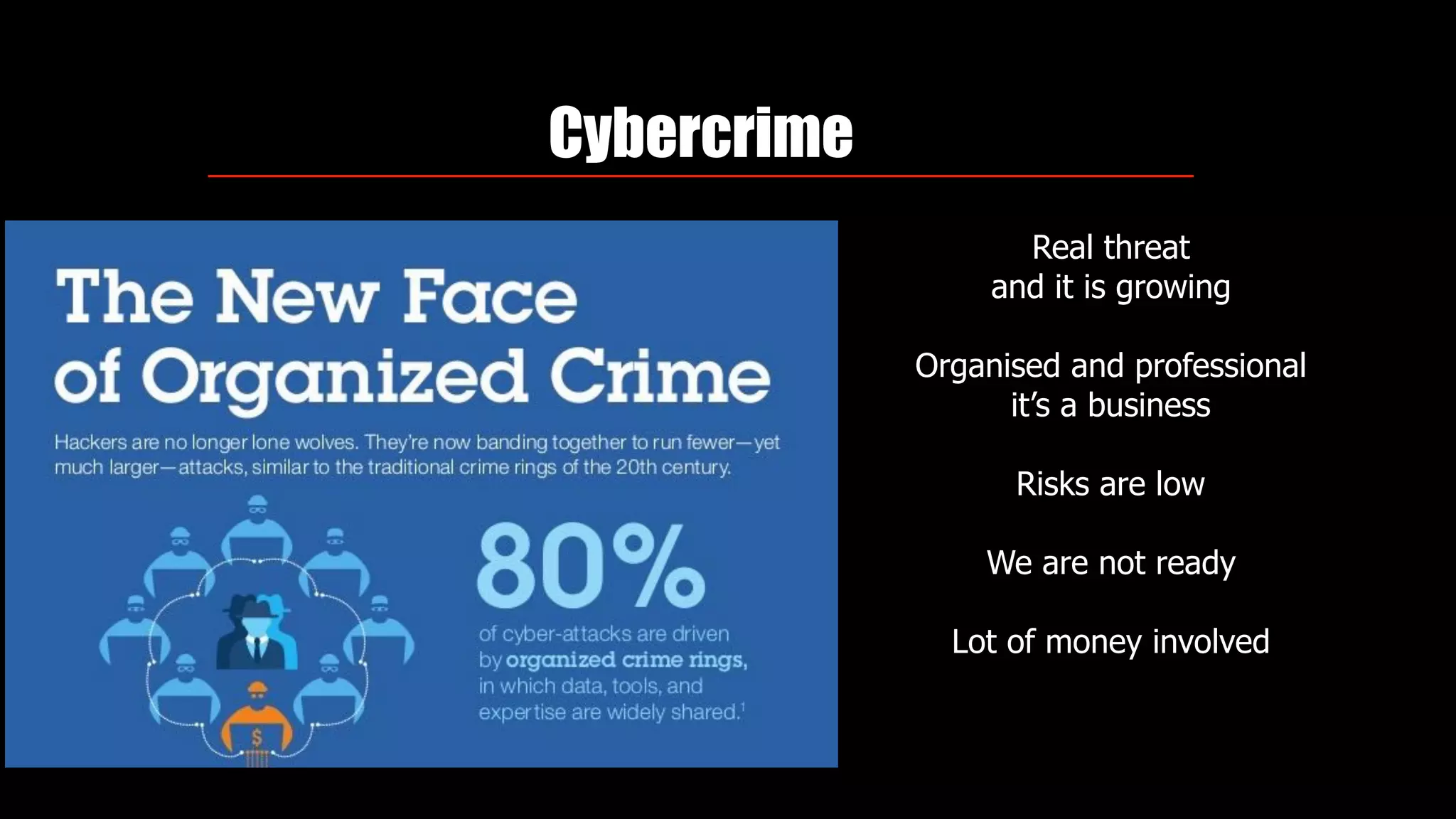 Cybercrime
Real threat
and it is growing
Organised and professional
it’s a business 
Risks are low
We are not ready
Lot of money involved
 