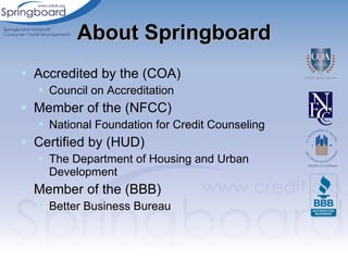 About Springboard Accredited by the (COA)  Council on Accreditation Member of the (NFCC)  National Foundation for Credit Counseling Certified by (HUD) The Department of Housing and Urban Development Member of the (BBB) Better Business Bureau 