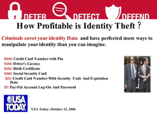 $500 : Credit Card Number with Pin  $150 : Driver’s License $150 : Birth Certificate $100 : Social Security Card $25 : Credit Card Number With Security  Code And Expiration Date $7 : Pay-Pal Account Log-On And Password USA Today, October 12, 2006 Criminals covet your identity Data  and have perfected more ways to manipulate your identity than you can imagine.  How Profitable is Identity Theft ? 