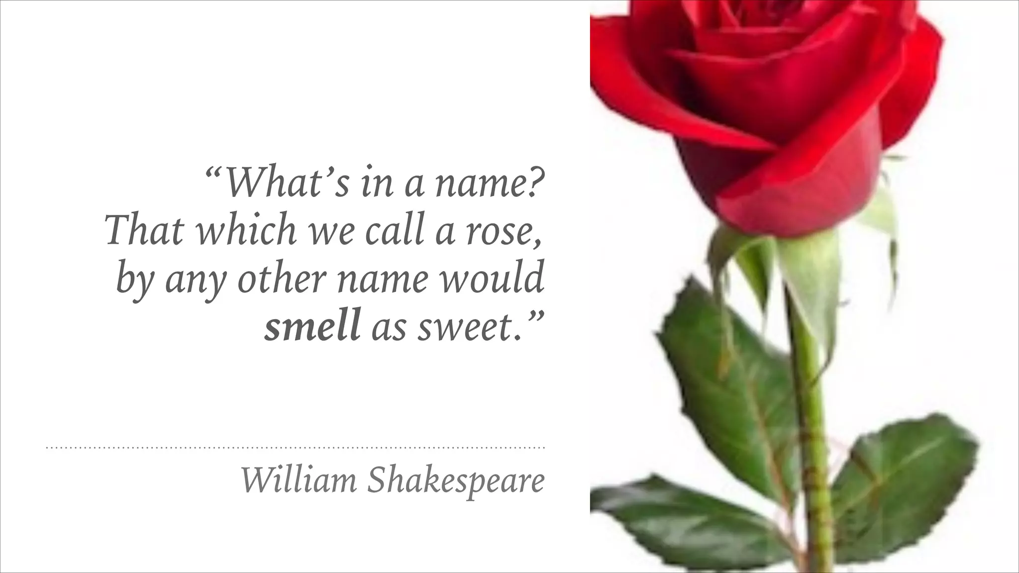 “What’s in a name?
That which we call a rose,
by any other name would
smell as sweet.”
William Shakespeare
 