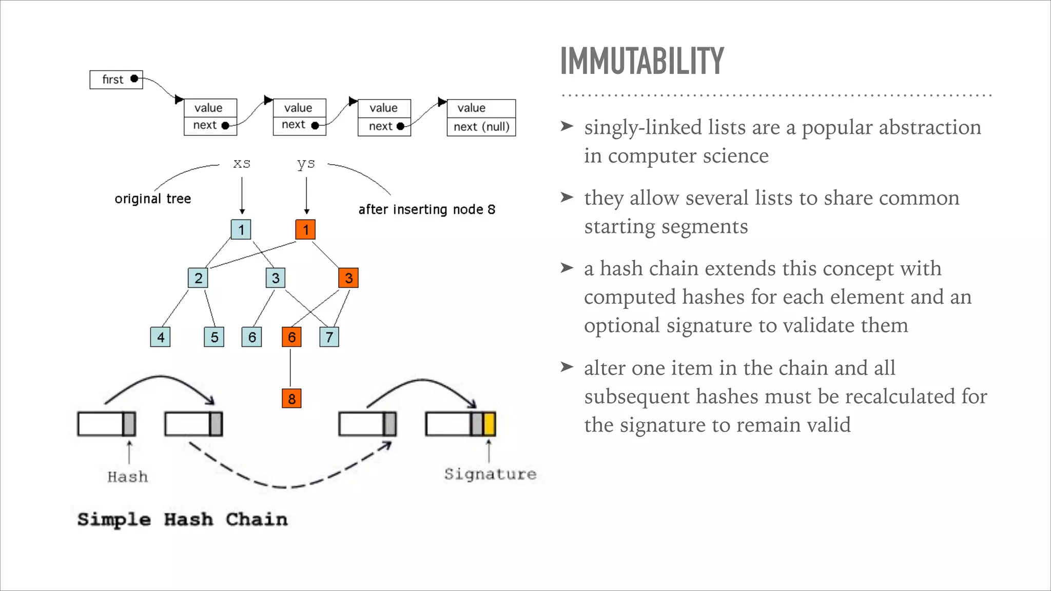 IMMUTABILITY
➤ singly-linked lists are a popular abstraction
in computer science
➤ they allow several lists to share common
starting segments
➤ a hash chain extends this concept with
computed hashes for each element and an
optional signature to validate them
➤ alter one item in the chain and all
subsequent hashes must be recalculated for
the signature to remain valid
 