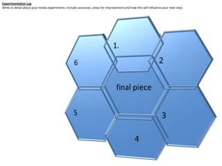 Experimentation Log
Write in detail about your media experiments. Include successes, areas for improvement and how this will influence your next step.

 