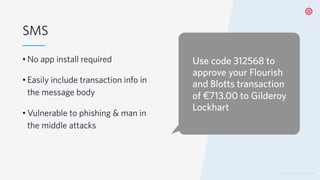 © 2019 TWILIO INC. ALL RIGHTS RESERVED.
SMS
• No app install required
• Easily include transaction info in
the message body
• Vulnerable to phishing & man in
the middle attacks
Use code 312568 to
approve your Flourish
and Blotts transaction
of €713.00 to Gilderoy
Lockhart
 