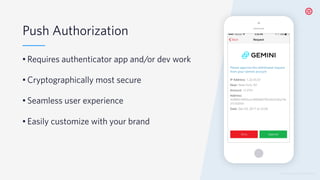 © 2019 TWILIO INC. ALL RIGHTS RESERVED.
Push Authorization
• Requires authenticator app and/or dev work
• Cryptographically most secure
• Seamless user experience
• Easily customize with your brand
 