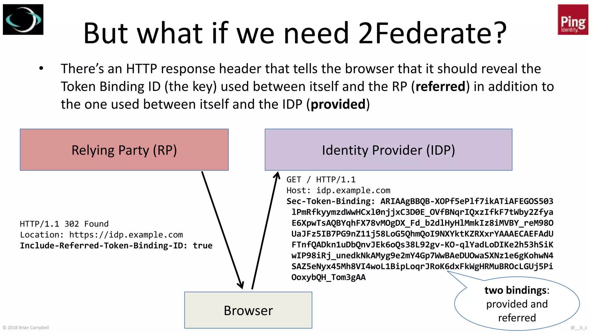 © 2018 Brian Campbell @__b_c
But what if we need 2Federate?
• There’s an HTTP response header that tells the browser that it should reveal the
Token Binding ID (the key) used between itself and the RP (referred) in addition to
the one used between itself and the IDP (provided)
Browser
Identity Provider (IDP)Relying Party (RP)
HTTP/1.1 302 Found
Location: https://idp.example.com
Include-Referred-Token-Binding-ID: true
GET / HTTP/1.1
Host: idp.example.com
Sec-Token-Binding: ARIAAgBBQB-XOPf5ePlf7ikATiAFEGOS503
lPmRfkyymzdWwHCxl0njjxC3D0E_OVfBNqrIQxzIfkF7tWby2Zfya
E6XpwTsAQBYqhFX78vMOgDX_Fd_b2dlHyHlMmkIz8iMVBY_reM98O
UaJFz5IB7PG9nZ11j58LoG5QhmQoI9NXYktKZRXxrYAAAECAEFAdU
FTnfQADkn1uDbQnvJEk6oQs38L92gv-KO-qlYadLoDIKe2h53hSiK
wIP98iRj_unedkNkAMyg9e2mY4Gp7WwBAeDUOwaSXNz1e6gKohwN4
SAZ5eNyx45Mh8VI4woL1BipLoqrJRoK6dxFkWgHRMuBROcLGUj5Pi
OoxybQH_Tom3gAA
two bindings:
provided and
referred
 
