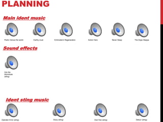 PLANNING
Main ident music
Ident sting music
Operator Error (sting) Dizzy (sting) Dub Hub (sting) Detour (sting)
Pedro Versus the world Earthy crust Echinoderm Regeneration Action Hero Never Sleep The Dope Steppa
Sound effects
Into the
Wormhole
(sting)
 