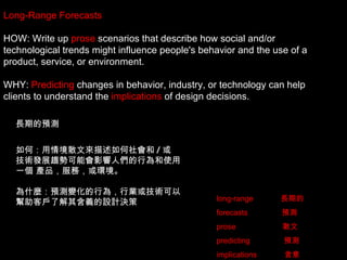 Long-Range   Forecasts HOW: Write up  prose  scenarios that describe how social and/or technological trends might influence people's behavior and the use of a product, service, or environment. WHY:  Predicting  changes in behavior, industry, or technology can help clients to understand the  implications  of design decisions. long-range  長期的 forecasts  預測  prose  散文   predicting  預測 implications  含意 長期的預測 如何：用情境散文來描述如何社會和 / 或 技術發展趨勢可能會影響人們的行為和使用一個 產品，服務，或環境。  為什麼：預測變化的行為，行業或技術可以幫助客戶了解其含義的設計決策 