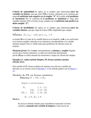 Criterio de optimalidad. Se aplica en el simplex para determinar entre las
variables no básicas, una que entre (VE) a la base, eligiendo en la columna que
tenga el coeficiente más negativo en el renglón "Z" de la tabla, si el problema
es maximizar. Por lo contrario, si el problema es minimizar se elige para
variable entrante (VE) a la base la que cumpla con el coeficiente más positivo en
dicho renglón "Z".
Criterio de factibilidad.- Se aplica en el simplex para determinar entre las
variables básicas, una que salga de la base (VS), eligiéndola que cumpla
en donde Xi es el valor de la variable básica en el renglón i; a ik es un coeficiente
en el mismo renglón i ubicado en la columna k correspondiente a la variable
entrante elegida. Esto es válido tanto para problemas de máximo como de
mínimo.
Elemento pivote: En el cruce correspondiente a columna y renglón elegidos
con los dos criterios anteriores, se ubica un coeficiente denominado
pivote (P)que se utiliza durante las iteraciones o etapas de cálculo del simplex.
Ejemplo 2-1. Aplica método Simplex; PL forma canónica máximo
(MAXCAN1).
Este modelo de PL forma canónica de máximo con sólo dos variables de
decisión, ya se mostró como el Ejemplo 1-13 de método gráfico con la Figura 1-
33.
Nivel 1.-
Se inicia el método simplex para el problema expresado en forma
canónica, sumando una variable de holgura a cada una de las
 