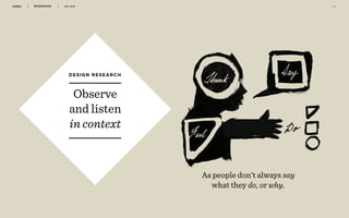 WORKSHOP DEC 2016 1 9
rObserve
and listen
in context
DESIGN RESEARCH
As people don’t always say
what they do, or why.
 