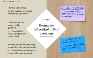 WORKSHOP DEC 2016 3
r
Formulate
“How Might We…”
questions
THE BRIEF
Identify a challenge.
Don’t assume the
answer in the
question.
Be open enough for discovery,
be speciﬁc enough for direction.
ex. How might we
create a dripless ice
cream cone?
ex. How might we redesign ice-
cream to be more portable?
ex. You can’t eat ice-cream
everywhere you want to
 