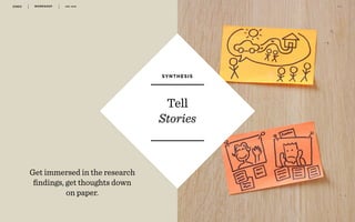 WORKSHOP DEC 2016 3 1
r
Tell
Stories
SYNTHESIS
Get immersed in the research
ﬁndings, get thoughts down
on paper.
 