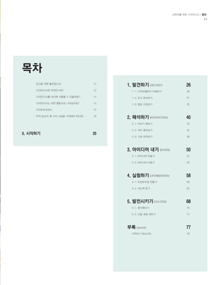 교육자를 위한 디자인사고 / 툴킷 
11 
목차 
당신을 위한 툴킷입니다. 
디자인사고란 무엇인가요? 
디자인사고를 어디에 사용할 수 있을까요? 
디자인사고는 어떤 행동으로 나타날까요? 
디자인프로세스 
만약 당신이 몇 가지 사실을 기억해야 한다면... 
12 
13 
14 
15 
16 
18 
0. 시작하기 20 
1. 발견하기 (DISCOVERY) 
2. 해석하기 (INTERPRETATION) 
3. 아이디어 내기 (IDEATION) 
4. 실험하기 (EXPERIMENTATION) 
5. 발전시키기 (EVOLUTION) 
부록 (Appendix) 
26 
40 
50 
58 
68 
77 
1-1. 디자인챌린지 이해하기 
1-2. 조사 준비하기 
1-3. 영감 수집하기 
2-1. 이야기 해보기 
2-2. 의미 찾아보기 
2-3. 기회 포착하기 
3-1. 아이디어 만들기 
3-2. 아이디어 다듬기 
4-1. 프로토타입 만들기 
4-2. 피드백 받기 
5-1. 평가해보기 
5-2. 다음 계획 세우기 
시작하기 워크시트 
28 
31 
35 
43 
45 
48 
52 
56 
60 
62 
70 
72 
78 
 