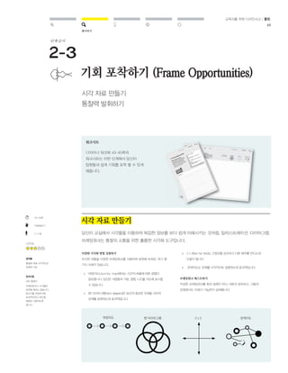 해석하기 
교육자를 위한 디자인사고 / 툴킷 
48 
기회 포착하기 (Frame Opportunities) 
» 
» 
여정지도(Journey map)에서는 시간의 흐름에 따른 경험이 
중요합니다. 당신은 사람들의 기분, 경험, 니즈를 지도에 표시할 
수 있습니다. 
벤 다이어그램(Venn diagram)은 당신의 중요한 주제들 사이의 
관계를 표현하는데 효과적입니다. 
» 
» 
2 x 2(two-by-two)는 긴장감을 강조하고 다른 범주를 만드는데 
도움이 됩니다. 
관계지도는 관계를 시각적으로 설명하는데 효과적입니다. 
시각 자료 만들기 
통찰력 발휘하기 
시각 자료 만들기 
당신이 교실에서 시각물을 이용하여 복잡한 정보를 보다 쉽게 이해시키는 것처럼, 일러스트레이션, 다이어그램, 
프레임워크는 통찰의 소통을 위한 훌륭한 시각화 도구입니다. 
단계-순서 
다양한 시각화 방법 실험하기 
조사한 내용을 다양한 프레임워크를 사용하여 표현해 보세요. 여기 몇 
가지 사례가 있습니다. 
프레임워크 테스트하기 
작성한 프레임워크를 팀의 일원이 아닌 사람과 공유하고, 그들의 
관점에서도 이해가 가능한지 살펴봅니다. 
20-45분 
직접해보기 
2-3 명 
난이도 
결과물 
통찰에 대해 시각적으로 
표현한 자료 
유의사항 
모든 통찰이 
프레임워크나 시각물로 
표현될 필요는 없습니다. 
메시지를 전달하기에 
효과적이라고 판단될 
때에만 사용하도록 
합니다. 
워크시트 
디자이너 워크북 43-45쪽의 
워크시트는 이번 단계에서 당신이 
팀원들과 쉽게 기회를 포착 할 수 있게 
해줍니다. 
여정지도 벤 다이어그램 2 x 2 관계지도 
 
