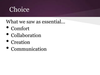 Choice
What we saw as essential...
•Comfort
•Collaboration
•Creation
•Communication
 