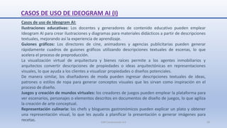 Casos de uso de Ideogram AI:
Ilustraciones educativas: Los docentes y generadores de contenido educativo pueden emplear
Ideogram AI para crear ilustraciones y diagramas para materiales didácticos a partir de descripciones
textuales, mejorando así la experiencia de aprendizaje.
Guiones gráficos: Los directores de cine, animadores y agencias publicitarias pueden generar
rápidamente cuadros de guiones gráficos utilizando descripciones textuales de escenas, lo que
acelera el proceso de preproducción.
La visualización virtual de arquitectura y bienes raíces permite a los agentes inmobiliarios y
arquitectos convertir descripciones de propiedades o ideas arquitectónicas en representaciones
visuales, lo que ayuda a los clientes a visualizar propiedades o diseños potenciales.
De manera similar, los diseñadores de moda pueden ingresar descripciones textuales de ideas,
patrones o estilos de ropa para generar conceptos visuales que les sirvan como inspiración en el
proceso de diseño.
Juegos y creación de mundos virtuales: los creadores de juegos pueden emplear la plataforma para
ver escenarios, personajes o elementos descritos en documentos de diseño de juegos, lo que agiliza
la creación de arte conceptual.
Representación culinaria: los chefs y blogueros gastronómicos pueden explicar un plato y obtener
una representación visual, lo que les ayuda a planificar la presentación o generar imágenes para
recetas.
CASOS DE USO DE IDEOGRAM AI (I)
SJM Computación 4.0 28
 