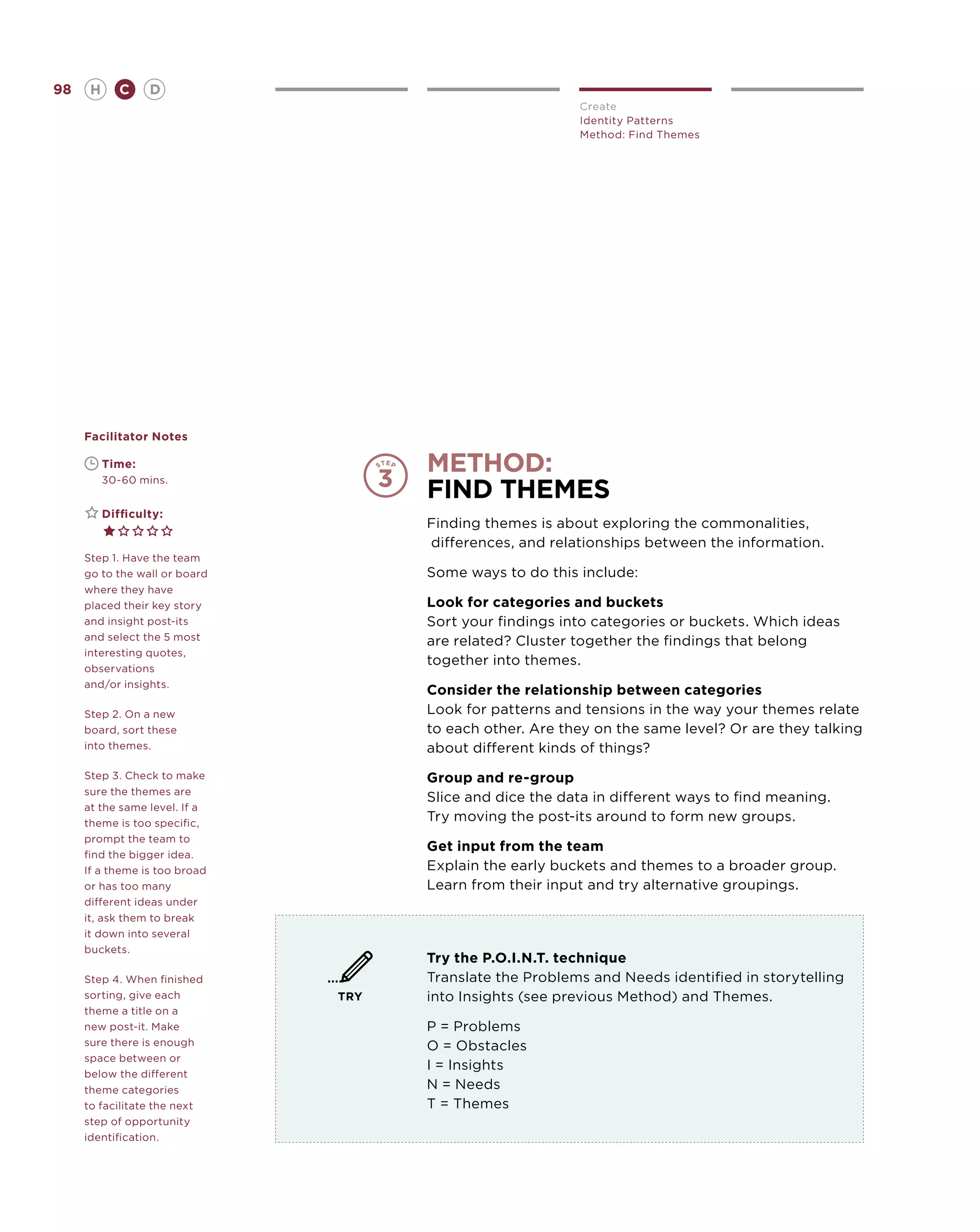 98       H      C    D
                                                          Create
                                                          Identity Patterns
                                                          Method: Find Themes




     Facilitator Notes

     	
     	
             Time:
             30-60 mins.
                                     method:
                                     find themes
     	       Difficulty:
                                     Finding themes is about exploring the commonalities,
                                     differences, and relationships between the information.
     Step 1. Have the team
     go to the wall or board         Some ways to do this include:
     where they have
     placed their key story          Look for categories and buckets
     and insight post-its            Sort your findings into categories or buckets. Which ideas
     and select the 5 most           are related? Cluster together the findings that belong
     interesting quotes,
                                     together into themes.
     observations
     and/or insights.
                                     Consider the relationship between categories
     Step 2. On a new                Look for patterns and tensions in the way your themes relate
     board, sort these               to each other. Are they on the same level? Or are they talking
     into themes.                    about different kinds of things?
     Step 3. Check to make           Group and re-group
     sure the themes are
                                     Slice and dice the data in different ways to find meaning.
     at the same level. If a
     theme is too specific,
                                     Try moving the post-its around to form new groups.
     prompt the team to
                                     Get input from the team
     find the bigger idea.
     If a theme is too broad         Explain the early buckets and themes to a broader group.
     or has too many                 Learn from their input and try alternative groupings.
     different ideas under
     it, ask them to break
     it down into several
     buckets.
                                     Try the P.O.I.N.T. technique
     Step 4. When finished           Translate the Problems and Needs identified in storytelling
     sorting, give each        TRY   into Insights (see previous Method) and Themes.
     theme a title on a
     new post-it. Make               P = Problems
     sure there is enough            O = Obstacles
     space between or
                                     I = Insights
     below the different
     theme categories                N = Needs
     to facilitate the next          T = Themes
     step of opportunity
     identification.
 