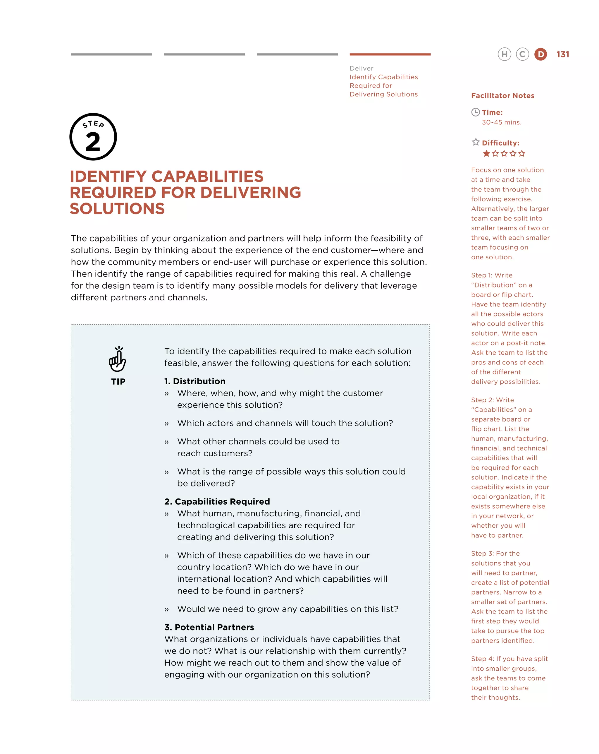 H    C      D      131
                                                                   Deliver
                                                                   Identify Capabilities
                                                                   Required for
                                                                   Delivering Solutions    Facilitator Notes

                                                                                           	   Time:
                                                                                           	   30-45 mins.


                                                                                           	   Difficulty:


                                                                                           Focus on one solution
Identify capabilities                                                                      at a time and take

required for delivering                                                                    the team through the
                                                                                           following exercise.
solutions                                                                                  Alternatively, the larger
                                                                                           team can be split into
                                                                                           smaller teams of two or
The capabilities of your organization and partners will help inform the feasibility of     three, with each smaller
                                                                                           team focusing on
solutions. Begin by thinking about the experience of the end customer—where and
                                                                                           one solution.
how the community members or end-user will purchase or experience this solution.
Then identify the range of capabilities required for making this real. A challenge         Step 1: Write
for the design team is to identify many possible models for delivery that leverage         “Distribution” on a
                                                                                           board or flip chart.
different partners and channels.
                                                                                           Have the team identify
                                                                                           all the possible actors
                                                                                           who could deliver this
                                                                                           solution. Write each
                                                                                           actor on a post-it note.
                      To identify the capabilities required to make each solution          Ask the team to list the
                      feasible, answer the following questions for each solution:          pros and cons of each
                                                                                           of the different
         TIP          1. Distribution                                                      delivery possibilities.
                      »	 Where, when, how, and why might the customer
                                                                                           Step 2: Write
                          experience this solution?                                        “Capabilities” on a
                                                                                           separate board or
                      »	 Which actors and channels will touch the solution?
                                                                                           flip chart. List the
                                                                                           human, manufacturing,
                      »	What other channels could be used to
                                                                                           financial, and technical
                         reach customers?                                                  capabilities that will
                                                                                           be required for each
                      »	What is the range of possible ways this solution could
                                                                                           solution. Indicate if the
                         be delivered?                                                     capability exists in your
                                                                                           local organization, if it
                      2. Capabilities Required                                             exists somewhere else
                      »	What human, manufacturing, financial, and                         in your network, or
                         technological capabilities are required for                       whether you will
                         creating and delivering this solution?                            have to partner.


                      »	Which of these capabilities do we have in our                     Step 3: For the
                                                                                           solutions that you
                         country location? Which do we have in our
                                                                                           will need to partner,
                         international location? And which capabilities will               create a list of potential
                         need to be found in partners?                                     partners. Narrow to a
                                                                                           smaller set of partners.
                      »	 Would we need to grow any capabilities on this list?              Ask the team to list the
                                                                                           first step they would
                      3. Potential Partners                                                take to pursue the top
                      What organizations or individuals have capabilities that             partners identified.
                      we do not? What is our relationship with them currently?
                                                                                           Step 4: If you have split
                      How might we reach out to them and show the value of
                                                                                           into smaller groups,
                      engaging with our organization on this solution?                     ask the teams to come
                                                                                           together to share
                                                                                           their thoughts.
 