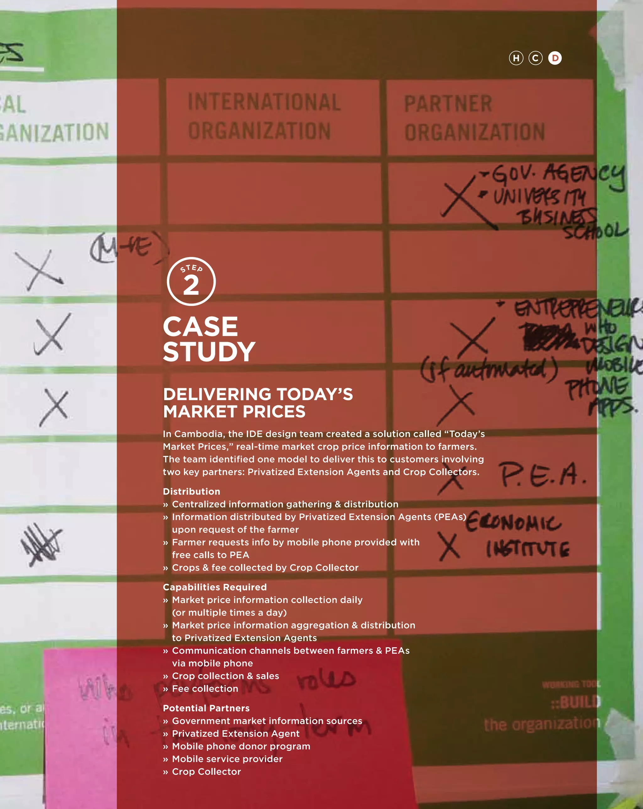 H   C   D




Case
study
DELIVERING TODAy’s
Market Prices
In Cambodia, the IDE design team created a solution called “Today’s
Market Prices,” real-time market crop price information to farmers.
The team identified one model to deliver this to customers involving
two key partners: Privatized Extension Agents and Crop Collectors.

Distribution
»	Centralized information gathering  distribution
»	Information distributed by Privatized Extension Agents (PEAs)
	 upon request of the farmer
»	Farmer requests info by mobile phone provided with
	 free calls to PEA
»	Crops  fee collected by Crop Collector

Capabilities Required
»	Market price information collection daily
	 (or multiple times a day)
»	Market price information aggregation  distribution
	 to Privatized Extension Agents
»	Communication channels between farmers  PEAs
	 via mobile phone
»	Crop collection  sales
»	Fee collection

Potential Partners
»	Government market information sources
»	Privatized Extension Agent
»	Mobile phone donor program
»	Mobile service provider
»	Crop Collector
 