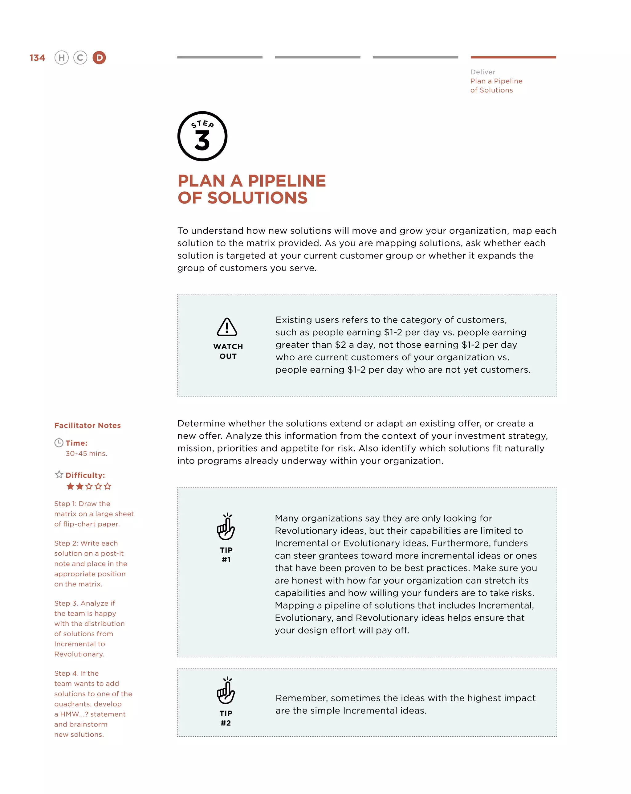 134       H      C    D
                                                                                                    Deliver
                                                                                                    Plan a Pipeline
                                                                                                    of Solutions




                                Plan a pipeline
                                of solutions
                                To understand how new solutions will move and grow your organization, map each
                                solution to the matrix provided. As you are mapping solutions, ask whether each
                                solution is targeted at your current customer group or whether it expands the
                                group of customers you serve.




                                                      Existing users refers to the category of customers,
                                                      such as people earning $1-2 per day vs. people earning
                                        WATCH         greater than $2 a day, not those earning $1-2 per day
                                         OUT          who are current customers of your organization vs.
                                                      people earning $1-2 per day who are not yet customers.




      Facilitator Notes         Determine whether the solutions extend or adapt an existing offer, or create a
                                new offer. Analyze this information from the context of your investment strategy,
      	       Time:
                                mission, priorities and appetite for risk. Also identify which solutions fit naturally
      	       30-45 mins.
                                into programs already underway within your organization.
      	       Difficulty:


      Step 1: Draw the
      matrix on a large sheet
                                                      Many organizations say they are only looking for
      of flip-chart paper.
                                                      Revolutionary ideas, but their capabilities are limited to
      Step 2: Write each                              Incremental or Evolutionary ideas. Furthermore, funders
      solution on a post-it              TIP
                                         #1           can steer grantees toward more incremental ideas or ones
      note and place in the
                                                      that have been proven to be best practices. Make sure you
      appropriate position
      on the matrix.                                  are honest with how far your organization can stretch its
                                                      capabilities and how willing your funders are to take risks.
      Step 3. Analyze if                              Mapping a pipeline of solutions that includes Incremental,
      the team is happy
                                                      Evolutionary, and Revolutionary ideas helps ensure that
      with the distribution
      of solutions from                               your design effort will pay off.
      Incremental to
      Revolutionary.

      Step 4. If the
      team wants to add
      solutions to one of the
                                                      Remember, sometimes the ideas with the highest impact
      quadrants, develop
      a HMW...? statement                TIP          are the simple Incremental ideas.
      and brainstorm                     #2
      new solutions.
 