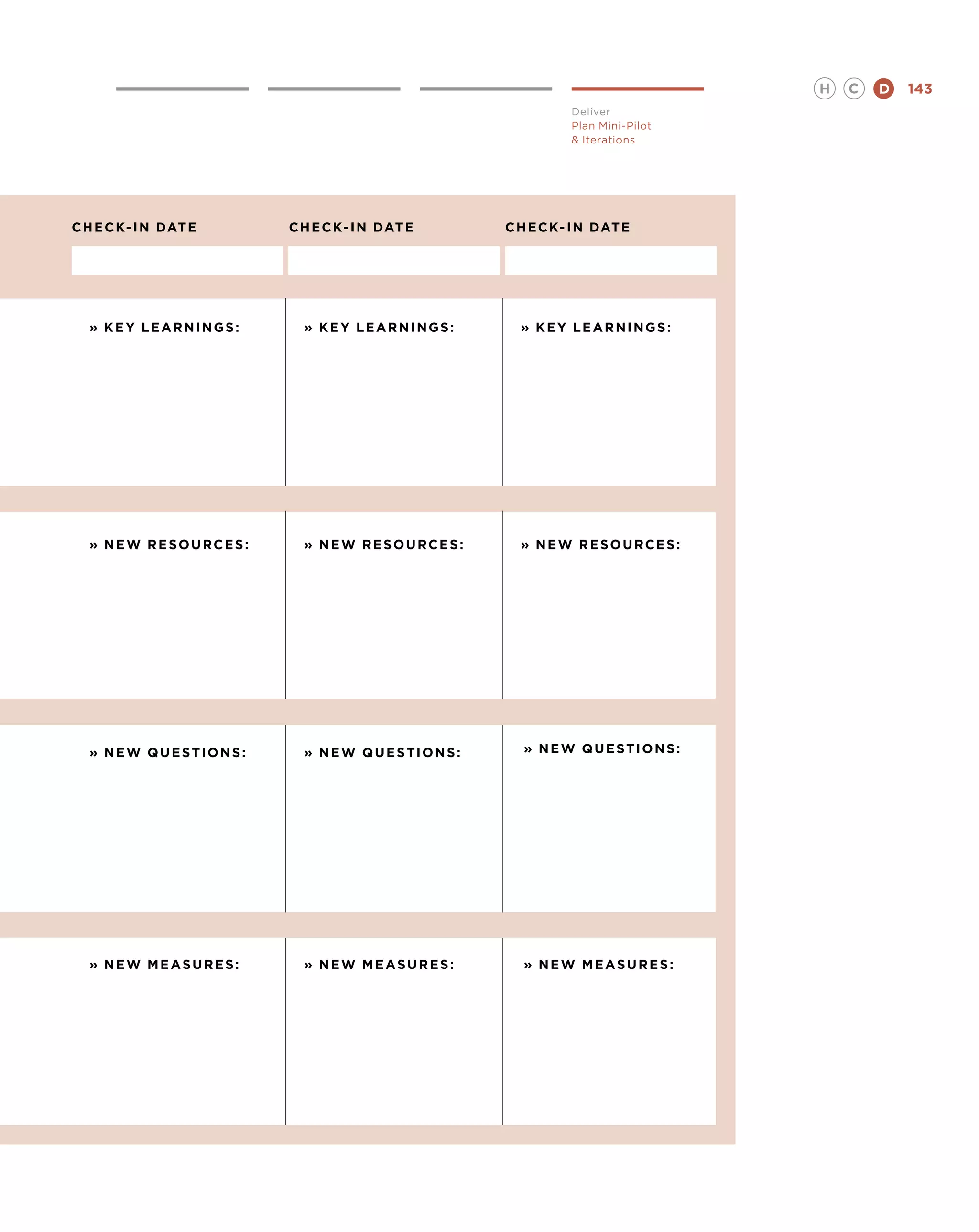 H   C   D   143
                                                       Deliver
                                                       Plan Mini-Pilot
                                                        Iterations




C heck- in date         C heck- in date        C heck- in date




  » K e y learnings :    » K e y learnings :    » K e y learnings :




  » N E W resources :    » N E W resources :    » N E W resources :




  » NEW QUESTIONS:       » NEW QUESTIONS:        » NEW QUESTIONS:




  » N e w M easures :    » N e w M easures :     » N e w M easures :
 