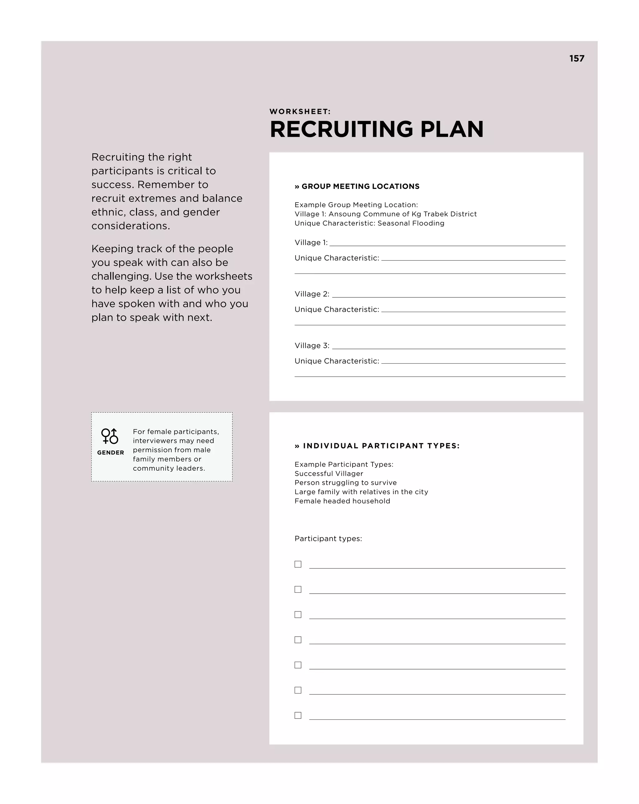157




                                     WO rksheet:


                                     RECRUITING PLAN
Recruiting the right
participants is critical to
success. Remember to                     » GROUP MEETING LOCATIONS
recruit extremes and balance
                                         Example Group Meeting Location:
ethnic, class, and gender                Village 1: Ansoung Commune of Kg Trabek District
                                         Unique Characteristic: Seasonal Flooding
considerations.
                                         Village 1:
Keeping track of the people
                                         Unique Characteristic:
you speak with can also be
challenging. Use the worksheets
to help keep a list of who you           Village 2:
have spoken with and who you             Unique Characteristic:
plan to speak with next.

                                         Village 3:

                                         Unique Characteristic:




          For female participants,
          interviewers may need
                                         » I N D I V I D UA L PA R T I C I PA N T T YP E S :
 GENDER   permission from male
          family members or
                                         Example Participant Types:	
          community leaders.
                                         Successful Villager
                                         Person struggling to survive
                                         Large family with relatives in the city
                                         Female headed household




                                         Participant types:	
 