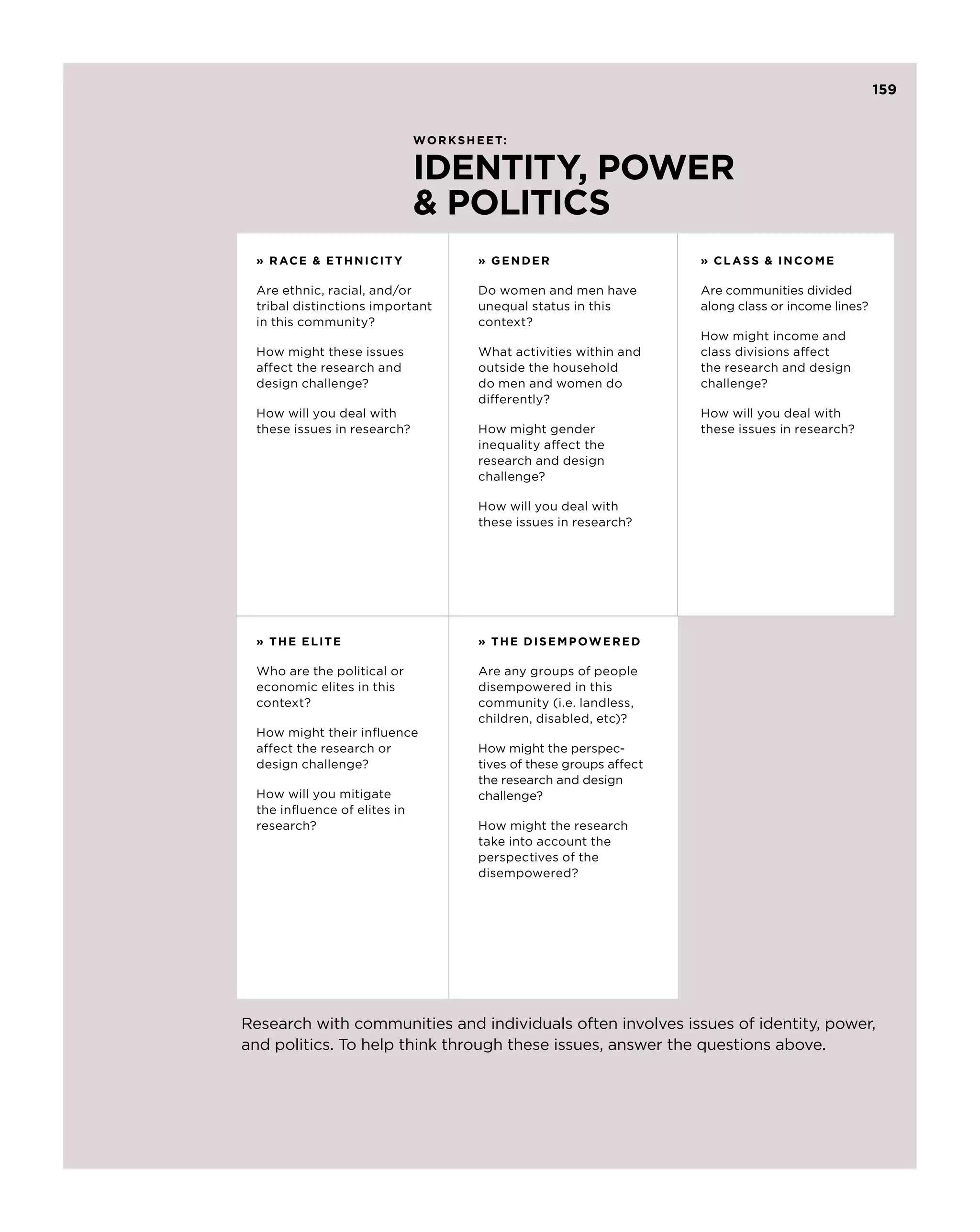 159


                              Worksheet:


                              IDENTITY, POWER
                               POLITICS
 » R ace  E thnicit y              » GENDER                           » C lass  I ncome

 Are ethnic, racial, and/or         Do women and men have              Are communities divided
 tribal distinctions important      unequal status in this             along class or income lines?
 in this community?                 context?
                                                                       How might income and
 How might these issues             What activities within and         class divisions affect
 affect the research and            outside the household              the research and design
 design challenge?                  do men and women do                challenge?
                                    differently?
 How will you deal with                                                How will you deal with
 these issues in research?          How might gender                   these issues in research?
                                    inequality affect the
                                    research and design
                                    challenge?

                                    How will you deal with
                                    these issues in research?




 » THE ELITE                        » T H E disem p ow ered

 Who are the political or           Are any groups of people
 economic elites in this            disempowered in this
 context?                           community (i.e. landless,
                                    children, disabled, etc)?
 How might their influence
 affect the research or             How might the perspec-
 design challenge?                  tives of these groups affect
                                    the research and design
 How will you mitigate              challenge?
 the influence of elites in
 research?                          How might the research
                                    take into account the
                                    perspectives of the
                                    disempowered?
                                                                   6




Research with communities and individuals often involves issues of identity, power,
and politics. To help think through these issues, answer the questions above.
 