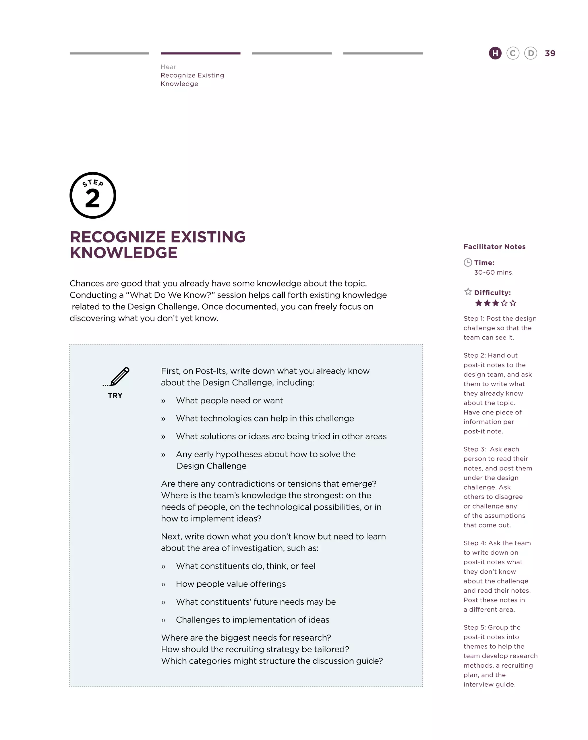 H    C     D     39
                     Hear
                     Recognize Existing
                     Knowledge




Recognize Existing                                                                Facilitator Notes
Knowledge                                                                         	   Time:
                                                                                  	   30-60 mins.
Chances are good that you already have some knowledge about the topic.
Conducting a “What Do We Know?” session helps call forth existing knowledge       	   Difficulty:

related to the Design Challenge. Once documented, you can freely focus on
discovering what you don’t yet know.                                              Step 1: Post the design
                                                                                  challenge so that the
                                                                                  team can see it.

                                                                                  Step 2: Hand out
                                                                                  post-it notes to the
                     First, on Post-Its, write down what you already know         design team, and ask
                     about the Design Challenge, including:                       them to write what
         TRY                                                                      they already know
                     »	 What people need or want                                  about the topic.
                                                                                  Have one piece of
                     »	 What technologies can help in this challenge              information per
                                                                                  post-it note.
                     »	 What solutions or ideas are being tried in other areas
                                                                                  Step 3: Ask each
                     »	 Any early hypotheses about how to solve the               person to read their
                        Design Challenge                                          notes, and post them
                                                                                  under the design
                     Are there any contradictions or tensions that emerge?        challenge. Ask
                     Where is the team’s knowledge the strongest: on the          others to disagree
                     needs of people, on the technological possibilities, or in   or challenge any
                                                                                  of the assumptions
                     how to implement ideas?
                                                                                  that come out.
                     Next, write down what you don’t know but need to learn
                                                                                  Step 4: Ask the team
                     about the area of investigation, such as:                    to write down on
                                                                                  post-it notes what
                     »	 What constituents do, think, or feel
                                                                                  they don’t know
                                                                                  about the challenge
                     »	 How people value offerings
                                                                                  and read their notes.
                     »	 What constituents’ future needs may be                    Post these notes in
                                                                                  a different area.
                     »	 Challenges to implementation of ideas
                                                                                  Step 5: Group the
                     Where are the biggest needs for research?                    post-it notes into
                                                                                  themes to help the
                     How should the recruiting strategy be tailored?
                                                                                  team develop research
                     Which categories might structure the discussion guide?       methods, a recruiting
                                                                                  plan, and the
                                                                                  interview guide.
 