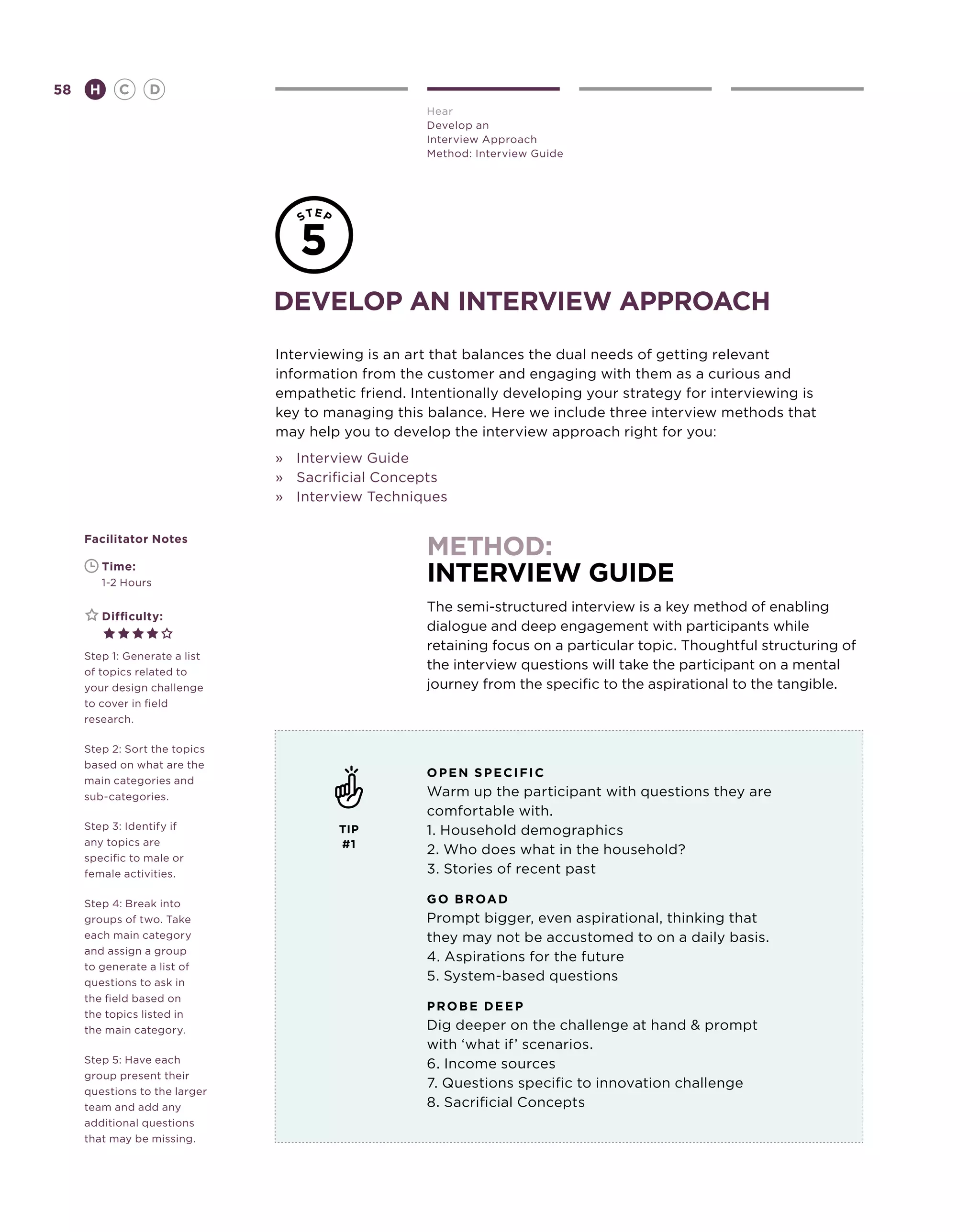 58       H      C    D
                                                    Hear
                                                    Develop an
                                                    Interview Approach
                                                    Method: Interview Guide




                               Develop an interview approach
                               Interviewing is an art that balances the dual needs of getting relevant
                               information from the customer and engaging with them as a curious and
                               empathetic friend. Intentionally developing your strategy for interviewing is
                               key to managing this balance. Here we include three interview methods that
                               may help you to develop the interview approach right for you:
                               »	 Interview Guide
                               »	 Sacrificial Concepts
                               »	 Interview Techniques

     Facilitator Notes
                                                    method:
     	
     	
             Time:
             1-2 Hours                              interview guide
                                                    The semi-structured interview is a key method of enabling
     	       Difficulty:
                                                    dialogue and deep engagement with participants while
                                                    retaining focus on a particular topic. Thoughtful structuring of
     Step 1: Generate a list
     of topics related to
                                                    the interview questions will take the participant on a mental
     your design challenge                          journey from the specific to the aspirational to the tangible.
     to cover in field
     research.

     Step 2: Sort the topics
     based on what are the
                                                    OPEN SPECIFIC
     main categories and
     sub-categories.                                Warm up the participant with questions they are
                                                    comfortable with.
     Step 3: Identify if                TIP         1. Household demographics
     any topics are                     #1
                                                    2. Who does what in the household?
     specific to male or
     female activities.                             3. Stories of recent past

     Step 4: Break into                             G O B R OA D
     groups of two. Take                            Prompt bigger, even aspirational, thinking that
     each main category                             they may not be accustomed to on a daily basis.
     and assign a group
                                                    4. Aspirations for the future
     to generate a list of
     questions to ask in
                                                    5. System-based questions
     the field based on
                                                    PROBE DEEP
     the topics listed in
     the main category.                             Dig deeper on the challenge at hand  prompt
                                                    with ‘what if’ scenarios.
     Step 5: Have each                              6. Income sources
     group present their
                                                    7. Questions specific to innovation challenge
     questions to the larger
     team and add any                               8. Sacrificial Concepts
     additional questions
     that may be missing.
 