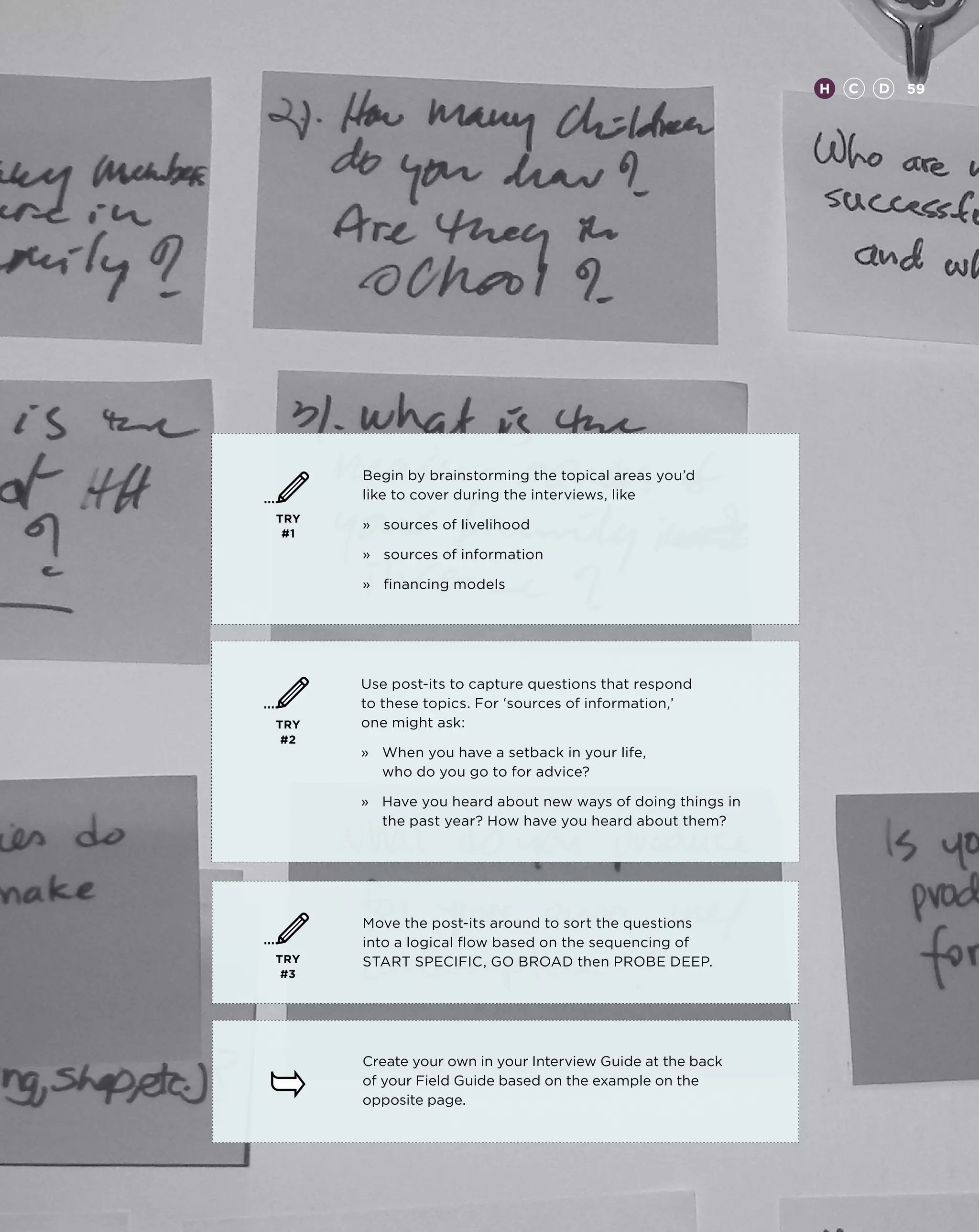 H   C   D   59




      Begin by brainstorming the topical areas you’d
      like to cover during the interviews, like
TRY
      »	 sources of livelihood
 #1
      »	 sources of information

      »	 financing models




      Use post-its to capture questions that respond
      to these topics. For ‘sources of information,’
TRY   one might ask:
 #2
      »	When you have a setback in your life,
         who do you go to for advice?

      »	Have you heard about new ways of doing things in
         the past year? How have you heard about them?




      Move the post-its around to sort the questions
      into a logical flow based on the sequencing of
TRY   START SPECIFIC, GO BROAD then PROBE DEEP.
 #3




      Create your own in your Interview Guide at the back
      of your Field Guide based on the example on the
      opposite page.
 