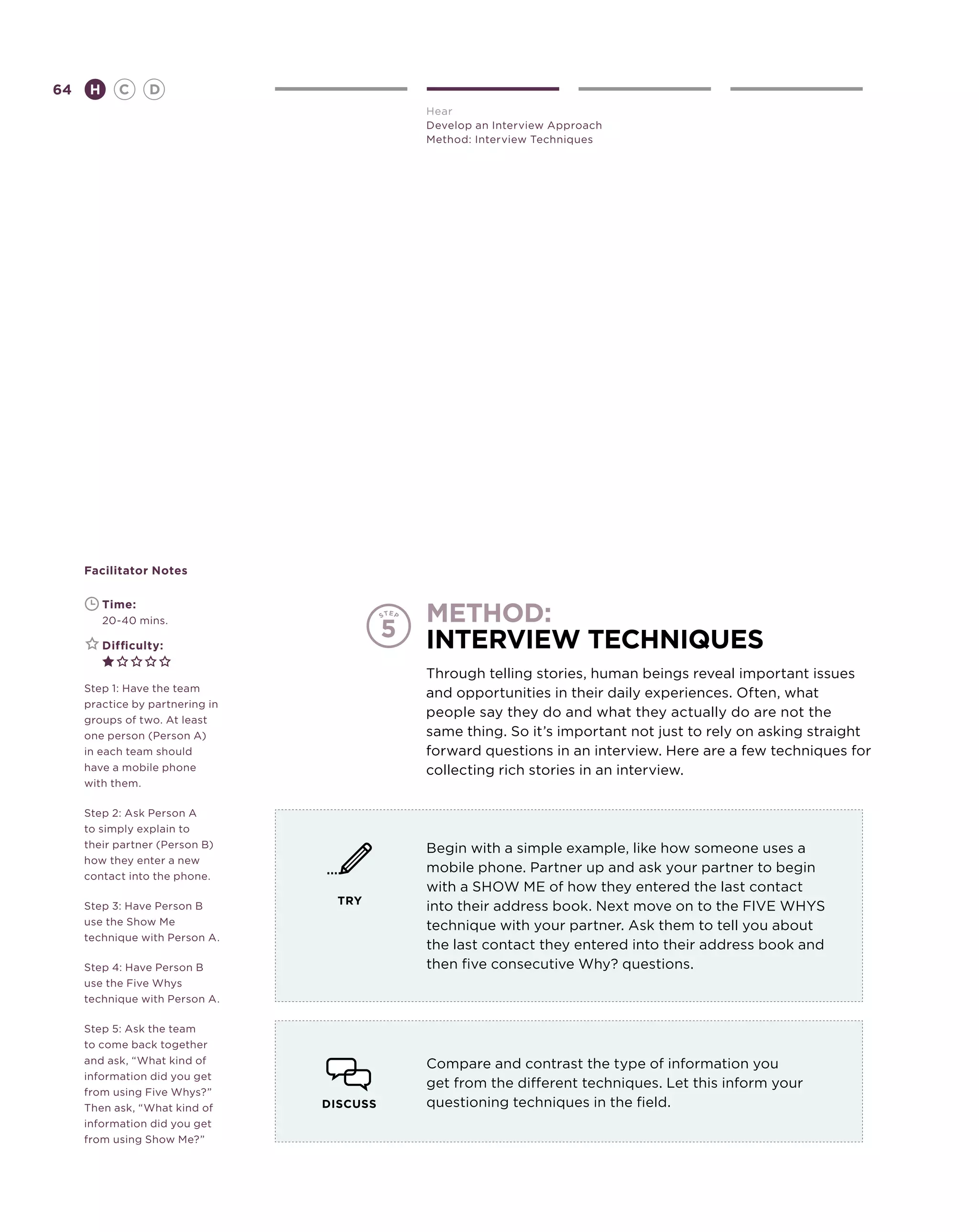 64       H      C    D
                                           Hear
                                           Develop an Interview Approach
                                           Method: Interview Techniques




     Facilitator Notes



                                           method:
     	       Time:
     	       20-40 mins.

     	       Difficulty:                   interview techniques
                                           Through telling stories, human beings reveal important issues
     Step 1: Have the team
                                           and opportunities in their daily experiences. Often, what
     practice by partnering in
     groups of two. At least
                                           people say they do and what they actually do are not the
     one person (Person A)                 same thing. So it’s important not just to rely on asking straight
     in each team should                   forward questions in an interview. Here are a few techniques for
     have a mobile phone                   collecting rich stories in an interview.
     with them.

     Step 2: Ask Person A
     to simply explain to
     their partner (Person B)              Begin with a simple example, like how someone uses a
     how they enter a new
                                           mobile phone. Partner up and ask your partner to begin
     contact into the phone.
                                           with a SHOW ME of how they entered the last contact
                                   TRY
     Step 3: Have Person B                 into their address book. Next move on to the FIVE WHYS
     use the Show Me                       technique with your partner. Ask them to tell you about
     technique with Person A.
                                           the last contact they entered into their address book and
     Step 4: Have Person B                 then five consecutive Why? questions.
     use the Five Whys
     technique with Person A.

     Step 5: Ask the team
     to come back together
     and ask, “What kind of                Compare and contrast the type of information you
     information did you get
                                           get from the different techniques. Let this inform your
     from using Five Whys?”
     Then ask, “What kind of     DISCUSS   questioning techniques in the field.
     information did you get
     from using Show Me?”
 