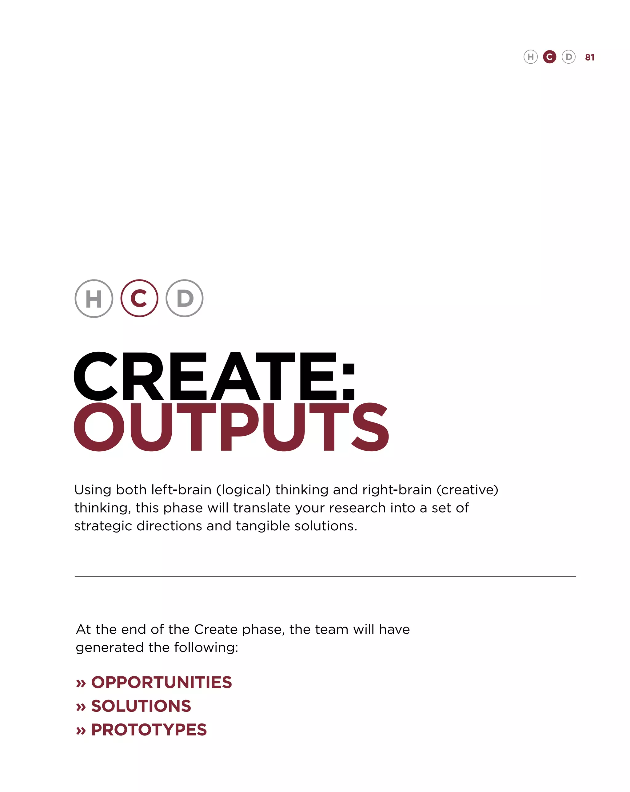 H   C   D   81




CREATE:
OUTPUTS
Using both left-brain (logical) thinking and right-brain (creative)
thinking, this phase will translate your research into a set of
strategic directions and tangible solutions.




At the end of the Create phase, the team will have
generated the following:

» Opportunities
» Solutions
» Prototypes
 