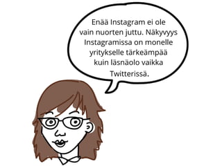 Enää Instagram ei ole
vain nuorten juttu. Näkyvyys
Instagramissa on monelle
yritykselle tärkeämpää
kuin läsnäolo vaikka
Tw...