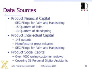 Data Sources
 • Product Financial Capital
    – SEC Filings for Palm and Handspring
    – 15 Quarters of Palm
    – 13 Quarters of Handspring
 • Product Intellectual Capital
    – 145 patents
    – Manufacturer press releases
    – SEC Filings for Palm and Handspring
 • Product Social Capital
    – Over 4000 online customer reviews
    – Covering 31 Personal Digital Assistants
   John Feland Copyright© 2004   22 November, 2004   22
 