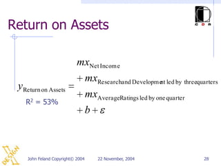 Return on Assets

                           mxNet Income
                            mxResearchand Development led by threequarters
 yReturn on Assets
                            mxAverageRatings led by one quarter
   R2 = 53%
                            b



    John Feland Copyright© 2004   22 November, 2004                  28
 