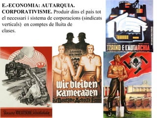 E.-ECONOMIA: AUTARQUIA.
CORPORATIVISME. Produir dins el país tot
el necessari i sistema de corporacions (sindicats
verticals) en comptes de lluita de
clases.
 