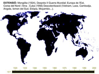 EXTENSIÓ: Mongòlia (1924), Després II Guerra Mundial; Europa de l’Est,
Corea del Nord i Xina . Cuba (1956) Descolonització (Vietnam, Laos, Cambodja,
Angola, Iemen del Sud, Etiòpia, Moçambic...).
 