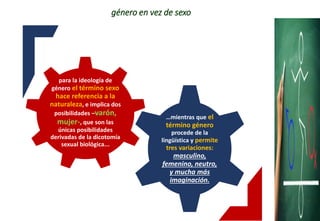 género en vez de sexo
para la ideología de
género el término sexo
hace referencia a la
naturaleza, e implica dos
posibilidades –varón,
mujer-, que son las
únicas posibilidades
derivadas de la dicotomía
sexual biológica...
…mientras que el
término género
procede de la
lingüística y permite
tres variaciones:
masculino,
femenino, neutro,
y mucha más
imaginación.
 