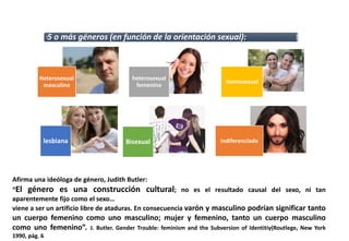 Heterosexual
masculino
heterosexual
femenino
Homosexual
lesbiana Bisexual indiferenciado
Afirma una ideóloga de género, Judith Butler:
“El género es una construcción cultural; no es el resultado causal del sexo, ni tan
aparentemente fijo como el sexo…
viene a ser un artificio libre de ataduras. En consecuencia varón y masculino podrían significar tanto
un cuerpo femenino como uno masculino; mujer y femenino, tanto un cuerpo masculino
como uno femenino”. J. Butler. Gender Trouble: feminism and the Subversion of Identitiy(Routlege, New York
1990, pág. 6
5 o más géneros (en función de la orientación sexual):
 