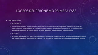 LOGROS DEL PERONISMO PRIMERA FASE 
• NACIONALISMO 
• ECONÓMICO 
• La recuperación de la riqueza nacional, mediante la nacionalización de las grandes empresas en poder de 
capital privado, especialmente de carácter foráneo: Británico, norteamericano y francés. Se nacionalizaron 
entre otras empresas, el Banco Central, la Unión Telefónica, los ferrocarriles, los transportes. 
• POLITICO 
• El estado llevó a cabo una política intervencionista respecto al comercio exterior, asumió plenamente el control 
del comercio exterior, del sistema de créditos y de los tipos de cambio. Los latifundios permanecieron intactos. 
 