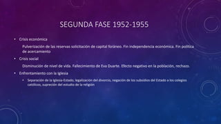 SEGUNDA FASE 1952-1955 
• Crisis económica 
Pulverización de las reservas solicitación de capital foráneo. Fin independencia económica. Fin política 
de acercamiento 
• Crisis social 
Disminución de nivel de vida. Fallecimiento de Eva Duarte. Efecto negativo en la población, rechazo. 
• Enfrentamiento con la Iglesia 
• Separación de la Iglesia-Estado, legalización del divorcio, negación de los subsidios del Estado a los colegios 
católicos, supreción del estudio de la religión 
 