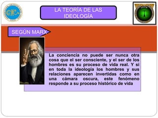 LA TEORÍA DE LAS
IDEOLOGÍA
SEGÚN MARX
La conciencia no puede ser nunca otra
cosa que el ser consciente, y el ser de los
hombres es su proceso de vida real. Y si
en toda la ideología los hombres y sus
relaciones aparecen invertidas como en
una cámara oscura, este fenómeno
responde a su proceso histórico de vida
 