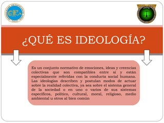¿QUÉ ES IDEOLOGÍA?
Es un conjunto normativo de emociones, ideas y creencias
colectivas que son compatibles entre sí y están
especialmente referidas con la conducta social humana.
Las ideologías describen y postulan modos de actuar
sobre la realidad colectiva, ya sea sobre el sistema general
de la sociedad o en uno o varios de sus sistemas
específicos, político, cultural, moral, religioso, medio
ambiental u otros al bien común
 