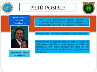 PERÚ POSIBLE
Fundación y
Actual
Presidencia
Alejandro Toledo
Manrique
• Entre sus propuestas estaba mejorar la
economía eliminando la pobreza extrema y la
desigualdad entre los ciudadanos y ciudadanas
Actualmente el partido politico esta a punto de
desaparecer debido a que según el JNE, no
alcanzo al 5% como minimo de votos en los
distintas autoridades postulantes en las pasados
elecciones.
Fundado en 1994 con el nombre de País Posible
 