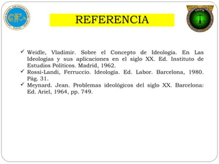 REFERENCIA
 Weidle, Vladimir. Sobre el Concepto de Ideología. En Las
Ideologías y sus aplicaciones en el siglo XX. Ed. Instituto de
Estudios Políticos. Madrid, 1962.
 Rossi-Landi, Ferruccio. Ideología. Ed. Labor. Barcelona, 1980.
Pág. 31.
 Meynard. Jean. Problemas ideológicos del siglo XX. Barcelona:
Ed. Ariel, 1964, pp. 749.
 