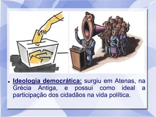  Ideologia democrática: surgiu em Atenas, na
Grécia Antiga, e possui como ideal a
participação dos cidadãos na vida política.
 