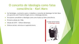 O conceito de ideologia como falsa
consciência – Karl Marx
 Na Sociologia, o primeiro autor a trabalhar o conceito de Ideologia foi Karl Marx
em parceria com Friedrich Engels (Livro: A Ideologia Alemã);
 Os autores concebiam a Ideologia como uma ilusão ou falsa consciência.
 Primeira edição de 1946;
 Edição de 2015 – Editora Boitempo.
 Esferas sociais: estrutura e superestrutura;
 