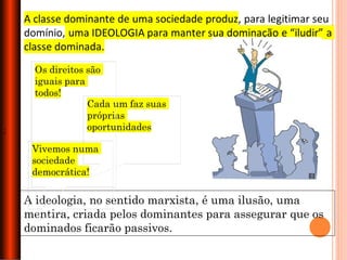 ;
A ideologia, no sentido marxista, é uma ilusão, uma
mentira, criada pelos dominantes para assegurar que os
dominados ficarão passivos.
 